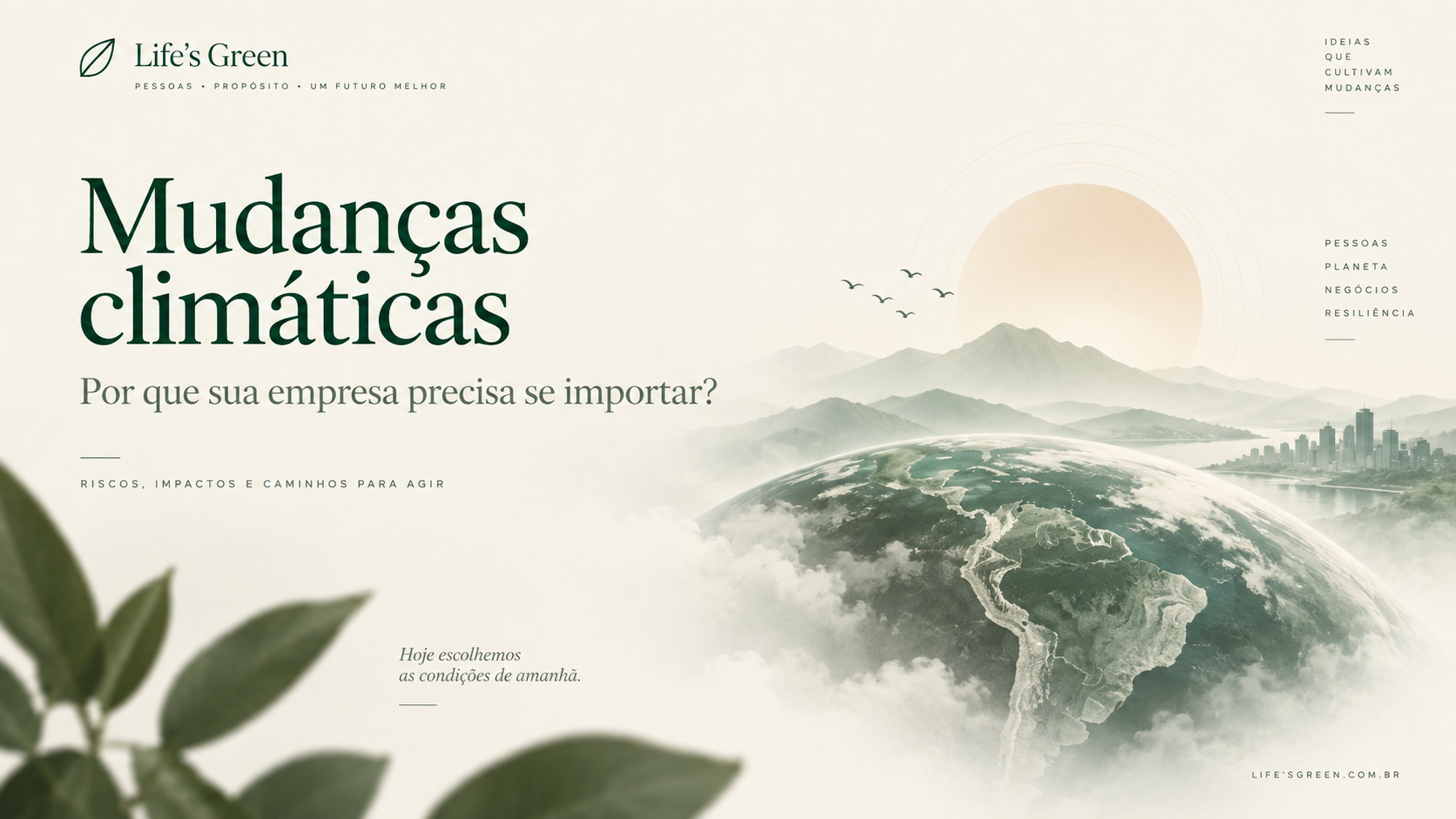 Paisagem natural e urbana envolvendo o planeta em uma representação das mudanças climáticas.